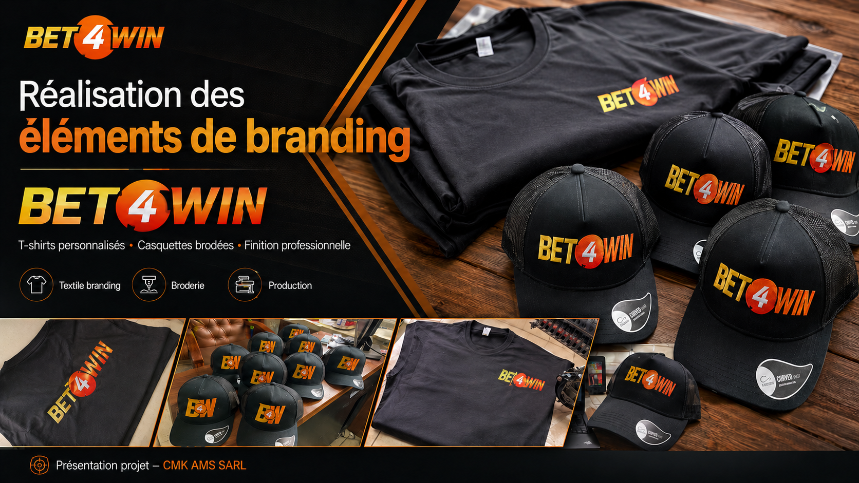 Réalisation de t-shirts et casquettes personnalisés pour BET4WIN